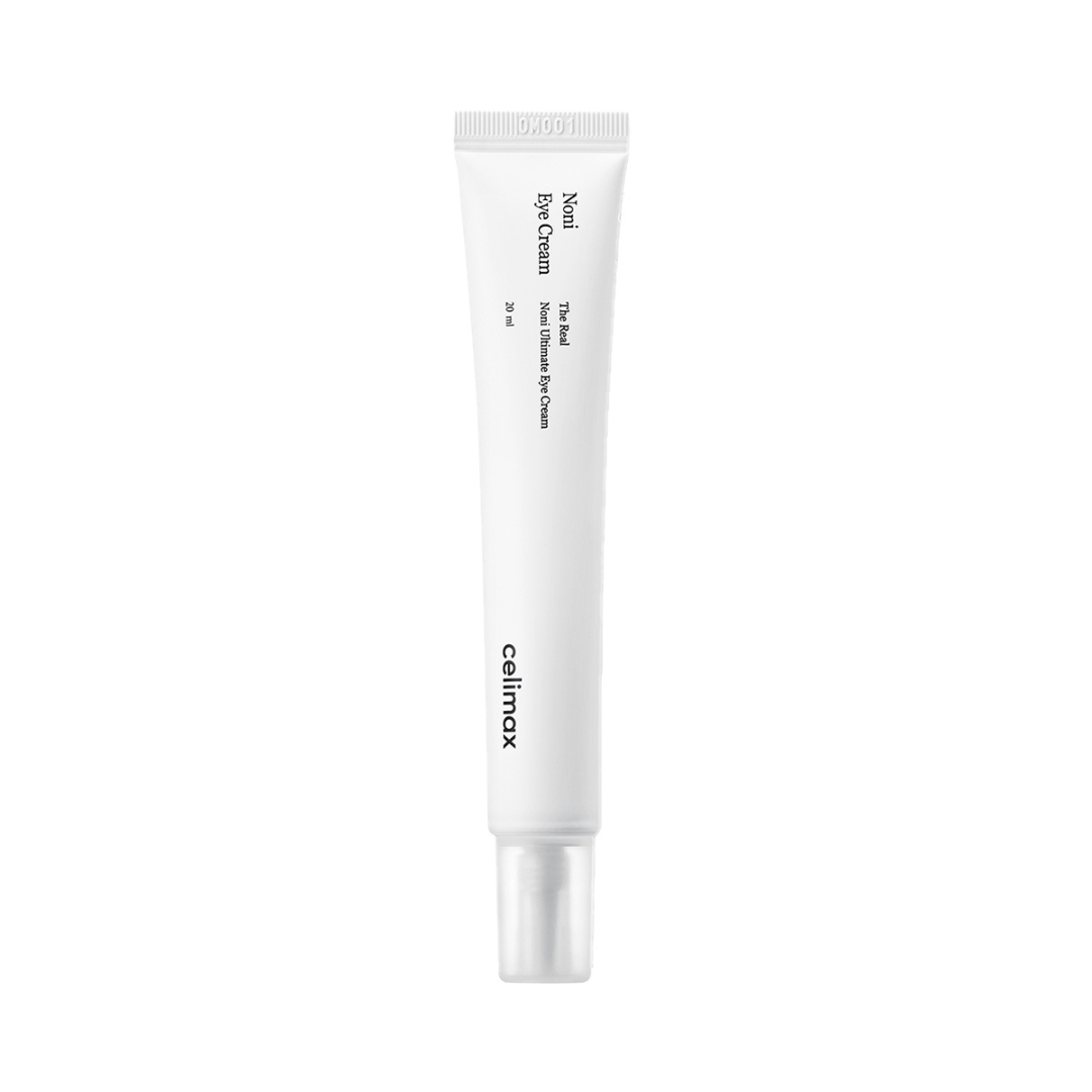 Hvid tube med teksten "Noni Eye Cream" og "celimax" på siden. Enkel og elegant emballage.
