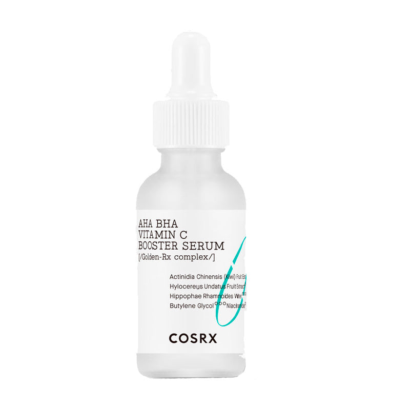 Cosrx serumflaske med hvid pipette, etikette med produktnavn og ingredienser.