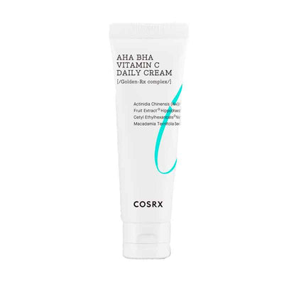 Hvid tube med tekst "AHA BHA Vitamin C Daily Cream" og mærket "COSRX" nederst.