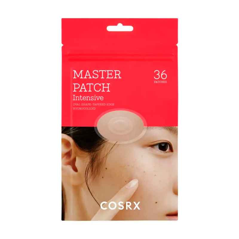 Cosrx Master Patch Intensive pakke med rød top og kvindes ansigt, 36 stk.