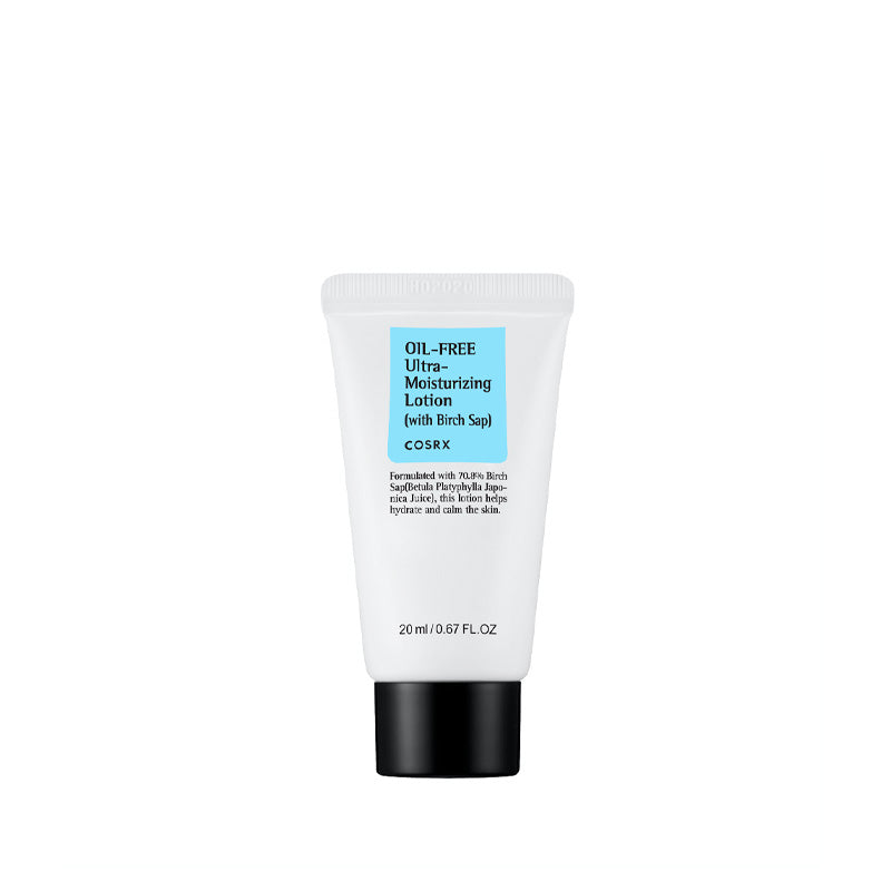 Hvid tube med sort låg, blå etiket. Cosrx Oil-free Ultra Moisturizing Lotion, 20 ml.