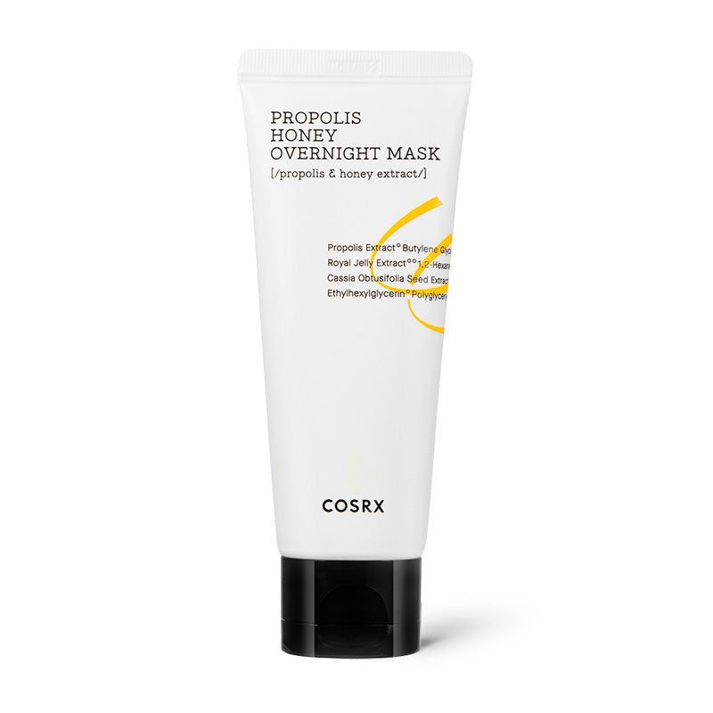 Hvid tube med sort tekst: "Propolis Honey Overnight Mask". Ingredienser og Cosrx-logo nedenfor.