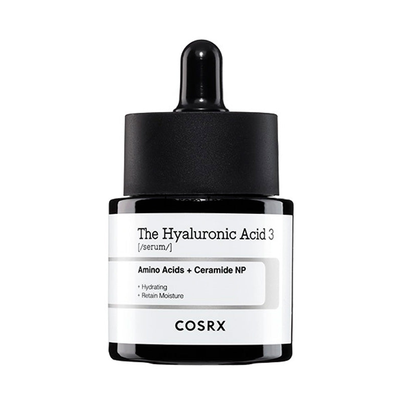 Sort flaske med dråberlåg, mærket "The Hyaluronic Acid 3", fremhæver fugtgivende egenskaber.