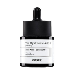 Sort flaske med dråberlåg, mærket "The Hyaluronic Acid 3", fremhæver fugtgivende egenskaber.