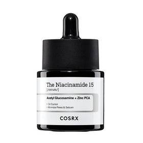 Sort serumflaske med pipette, mærket "The Niacinamide 15" af Cosrx, med olie kontrol funktion.