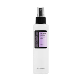 Hvid sprayflaske med sort pumpe, lilla etiket med teksten "AHA/BHA Clarifying Treatment Toner".