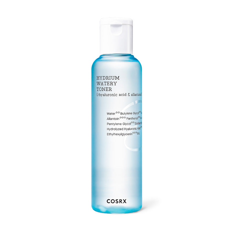 Klar blå flaske med hvidt låg, mærket "Hydrium Watery Toner" og "COSRX" nederst.