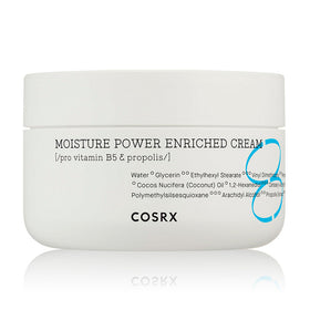 Hvid krukke med teksten "Moisture Power Enriched Cream" og ingredienser. Mærket Cosrx.