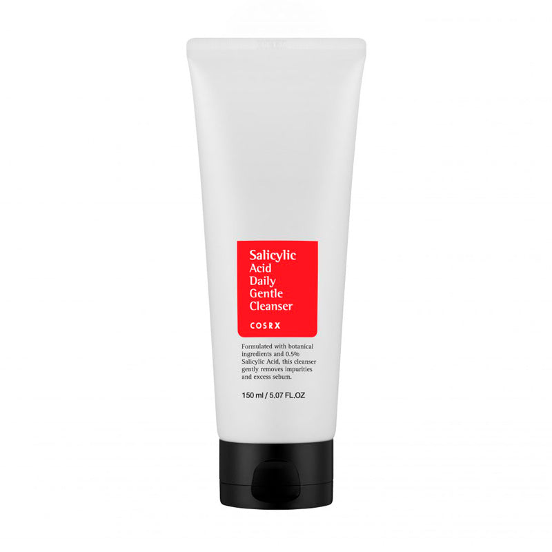 Hvid tube med sort låg, rød etiket med "Salicylic Acid Daily Gentle Cleanser" i hvid skrift.