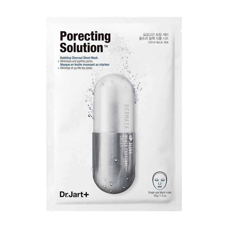 Emballage til Dr. Jart+ Porecting Solution med pilleformet design og bobler.