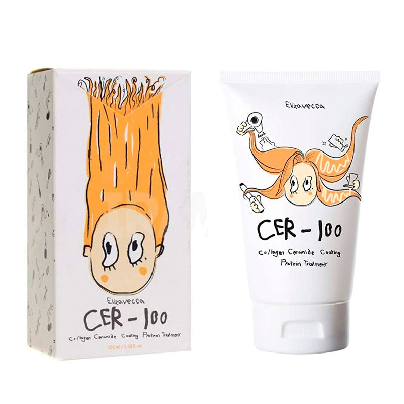 Produktæske og tube med tegning af orangehåret figur, Elizavecca Collagen Protein Treatment.