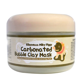 Krukke med Elizavecca Milky Piggy Carbonated Bubble Clay Mask, etiket med tegneseriegris.