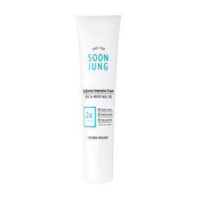 Hvid tube med teksten "SoonJung 2x Barrier Intensive Cream" i blå og sort skrift.