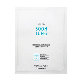 Hvid pakke med blå tekst: "Soon Jung", "Sheet Mask - Panthensoside", 0.84 fl. oz/25 ml.