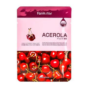 Farm Stay ansigtsmaske med acerola, lyserød pakke med kirsebærillustrationer.