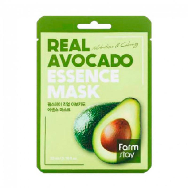 Grøn pakke med teksten "Real Avocado Essence Mask" og billede af en halv avocado.