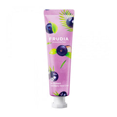 Lilla tube af Frudia håndcreme med acai bær og grønne blade. Tekst: My Orchard Acai Berry Hand Cream.