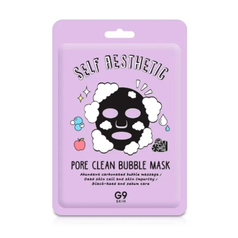 Lilla pakke med tekst "Self Aesthetic Pore Clean Bubble Mask" og sjove grafik-elementer.