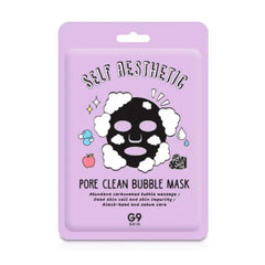 Lilla pakke med tekst "Self Aesthetic Pore Clean Bubble Mask" og sjove grafik-elementer.