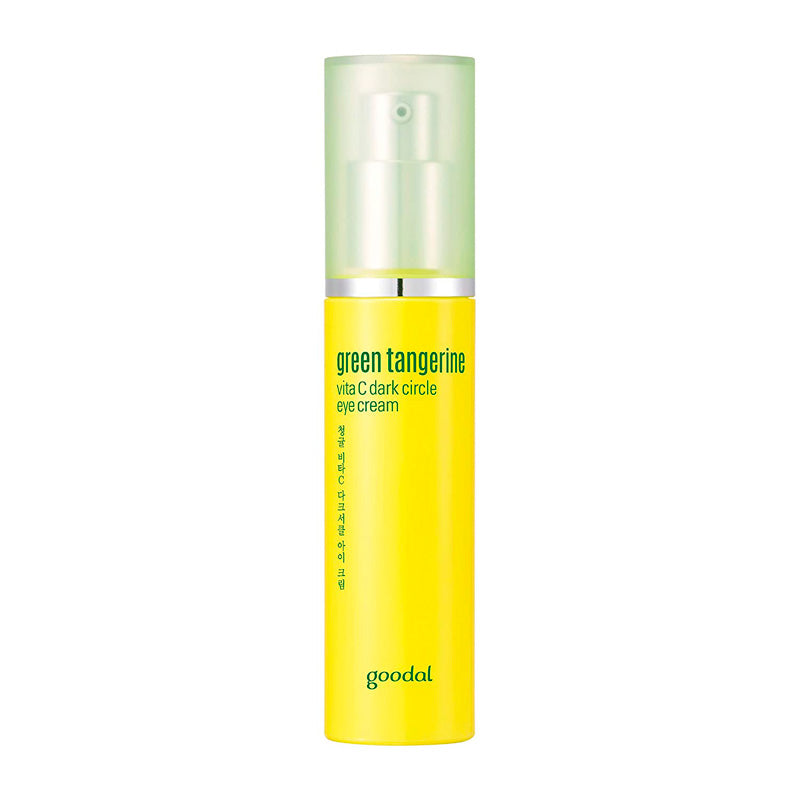 Gul flaske med grøn hætte, teksten "green tangerine vita C dark circle eye cream" og "goodal".