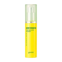 Gul flaske med grøn hætte, teksten "green tangerine vita C dark circle eye cream" og "goodal".