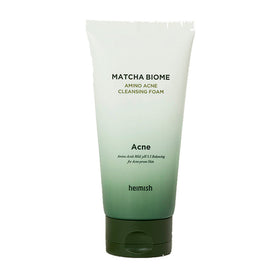 Grøn tube med Heimish Matcha Biome Amino Acne Cleansing Foam, tekst på forsiden.