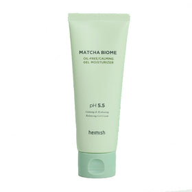 Lysegrøn tube med "Matcha Biome Oil-Free Calming Gel Moisturizer" og pH 5.5.