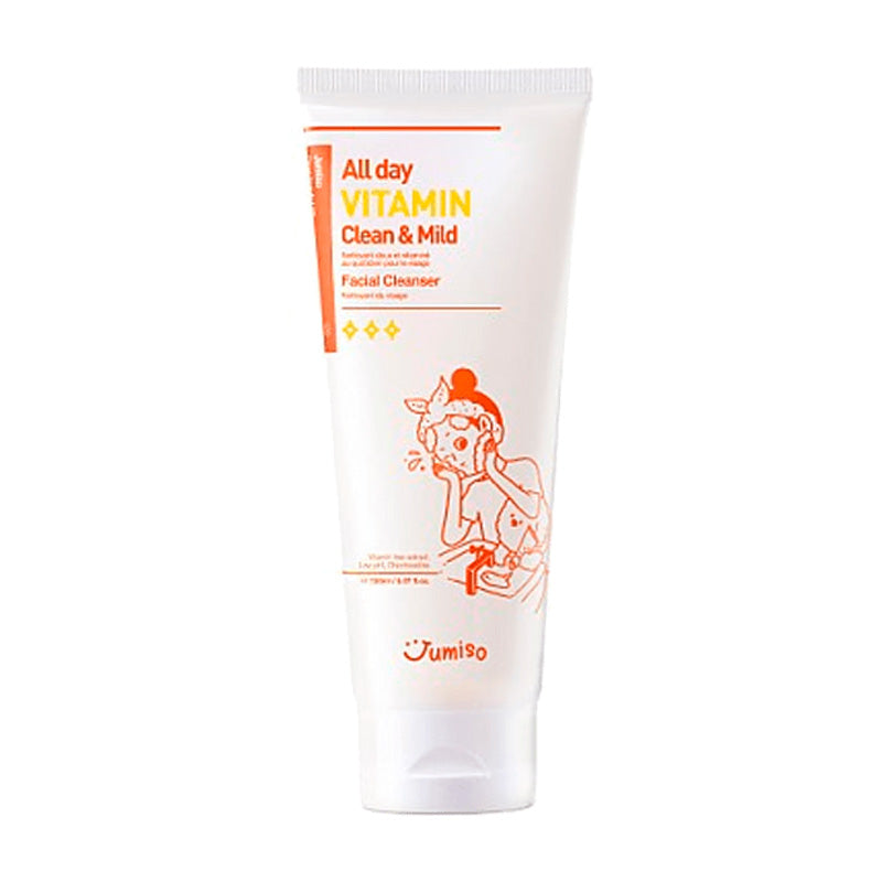 Hvid tube med illustration af person der vasker ansigt. Tekst: "All day Vitamin Clean & Mild".