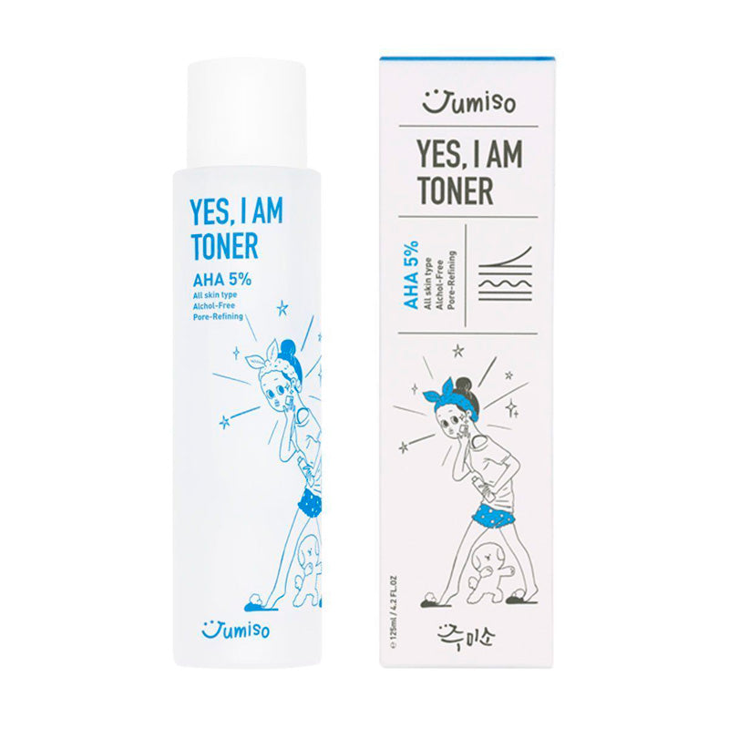 Hvid flaske og æske med Jumiso "Yes I Am Toner AHA 5%" og tegnet figur i blå og sort.
