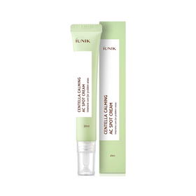 Lysgrøn tube og æske med iUNIK Centella Calming AC Spot Cream, 20ml, brun tekst.