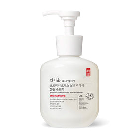 Hvid pumpeflaske med koreansk og engelsk tekst, Illiyoon Probiotics Skin Barrier Gentle Cleanser.