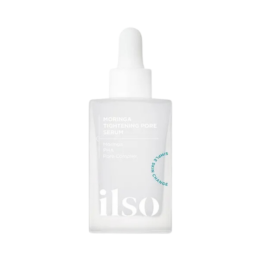 Klar flaske med pipette, mærket "ilso Moringa Tightening Pore Serum," enkel og minimalistisk design.