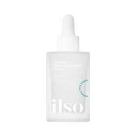Klar flaske med pipette, mærket "ilso Moringa Tightening Pore Serum," enkel og minimalistisk design.