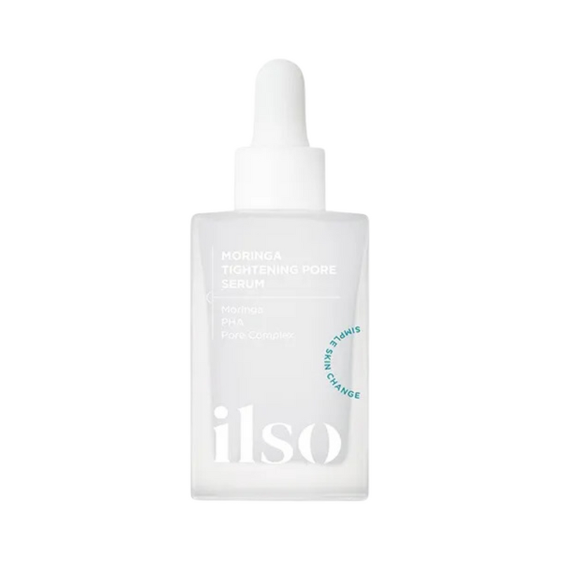 Klar flaske med pipette, mærket "ilso Moringa Tightening Pore Serum," enkel og minimalistisk design.
