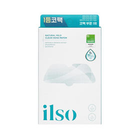 Hvid æske med blå tekst "ilso - Natural Mild Clear Nose Patch," ingredienser og prislogoer.