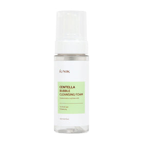 Flaske med iUNIK Centella Bubble Cleansing Foam, hvid etiket, grøn tekst.