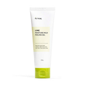 Hvid tube med grøn hætte, mærket "iUNIK Lime Moisture Mild Peeling Gel," 120g.