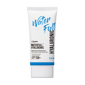 Hvid tube med blå tekst: "WaterFull Hyaluronic". SPF 50+ PA++++. UVA/UVB-beskyttelse.