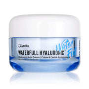 Klar krukke med hvidt låg, mærket "Jumiso Waterfull Hyaluronic Acid Cream."