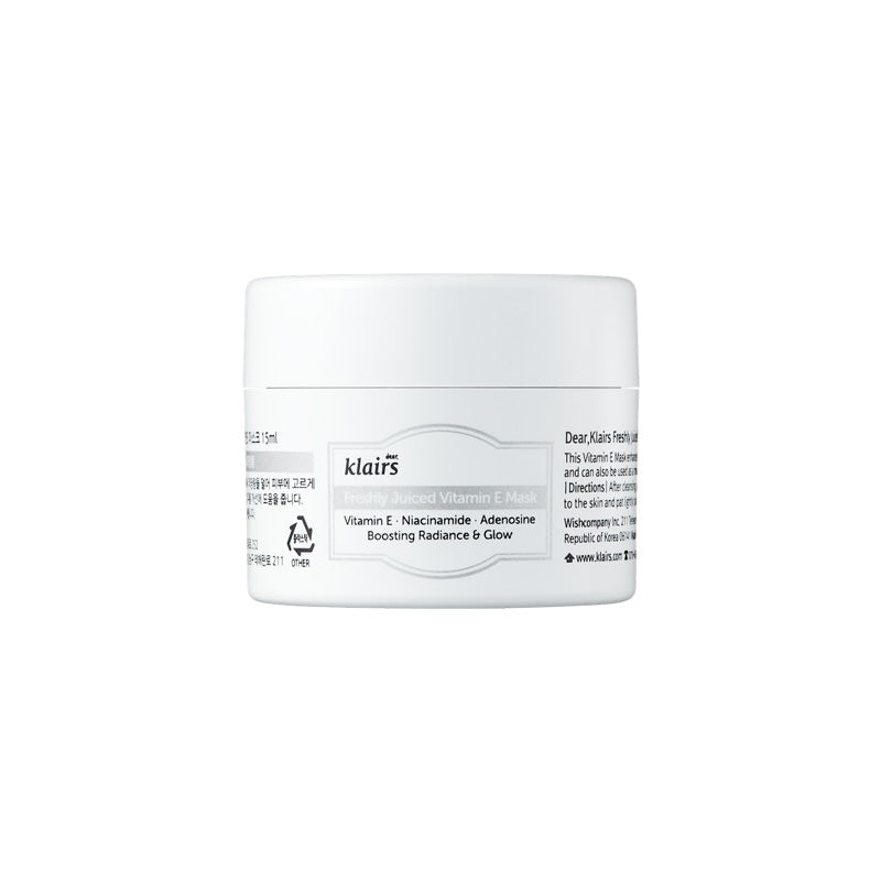 Hvid krukke med "Klairs Freshly Juiced Vitamin E Mask" og produktdetaljer på etiketten.