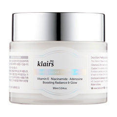 Klairs Vitamin E Mask i hvid krukke med sølv låg, ingredienser: Vitamin E, Niacinamide, Adenosine.