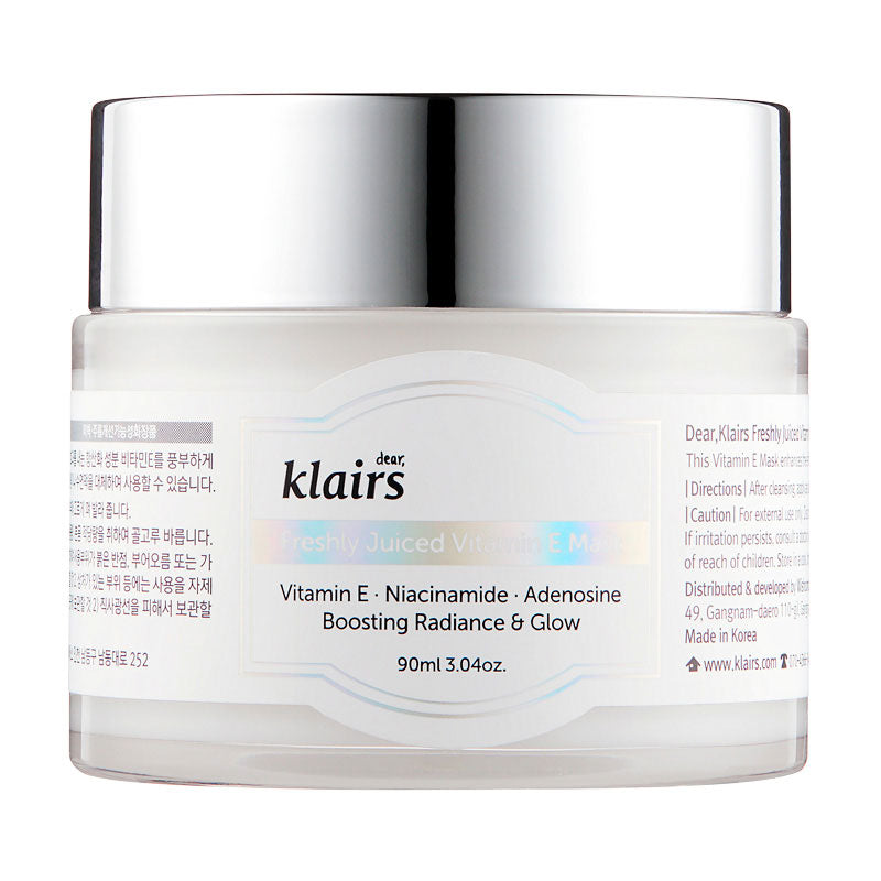 Klairs Vitamin E Mask i hvid krukke med sølv låg, ingredienser: Vitamin E, Niacinamide, Adenosine.