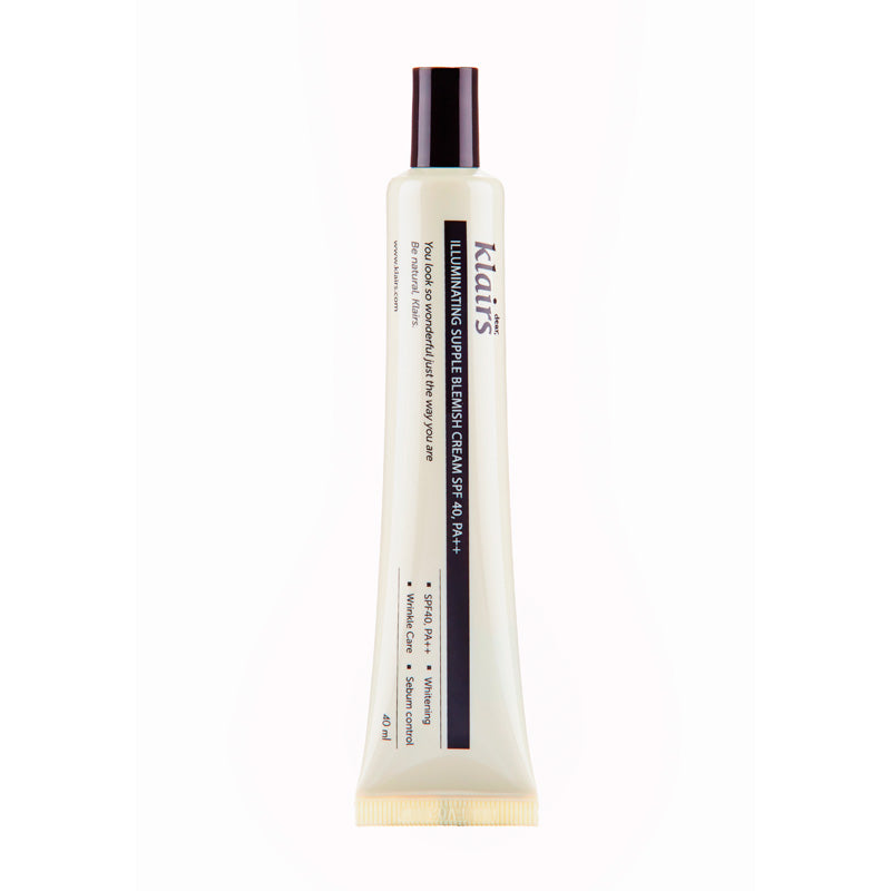 Tuben af Klairs BB cream, off-white med sort skrift og sort låg, SPF 40 PA++, 40 ml.