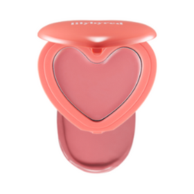 Hjerteformet æske med lyserød balm, åben låg. Produkt: lilybyred Luv Beam Cheek Balm #03 Mood Rose.
