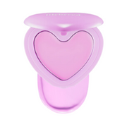 Hjerteformet, lavendelfarvet blush-balm i åben kompakt med matchende låg og elegant design.