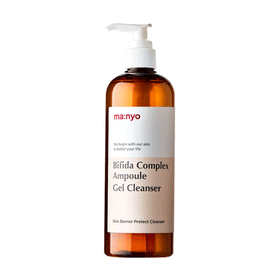 Brun flaske med hvid pumpe, etiket med "Manyo Bifida Complex Ampoule Gel Cleanser".