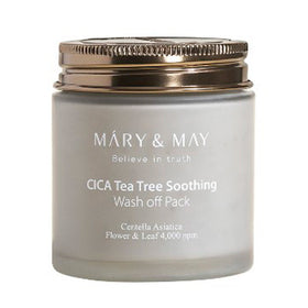 Grå krukke med gylden låg, mærket "Mary&May Cica Tea Tree Soothing Wash Off Pack" på forsiden.