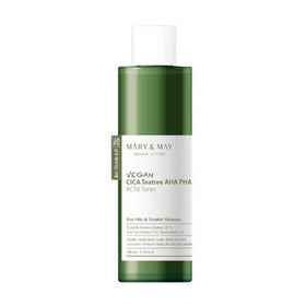 Grønt flaske med hvid etiket, Mary&May Vegan Cica Tea Tree AHA PHA Toner, 200 ml.