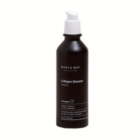 Mørk flaske med pumpe. Tekst: "Mary & May Collagen Booster Lotion" og anti-aging oplysninger.