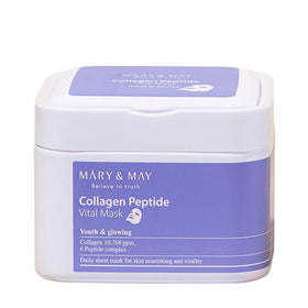 Hvid beholder med lilla etiket, "Mary & May Collagen Peptide Vital Mask" for ungdommelig hud.